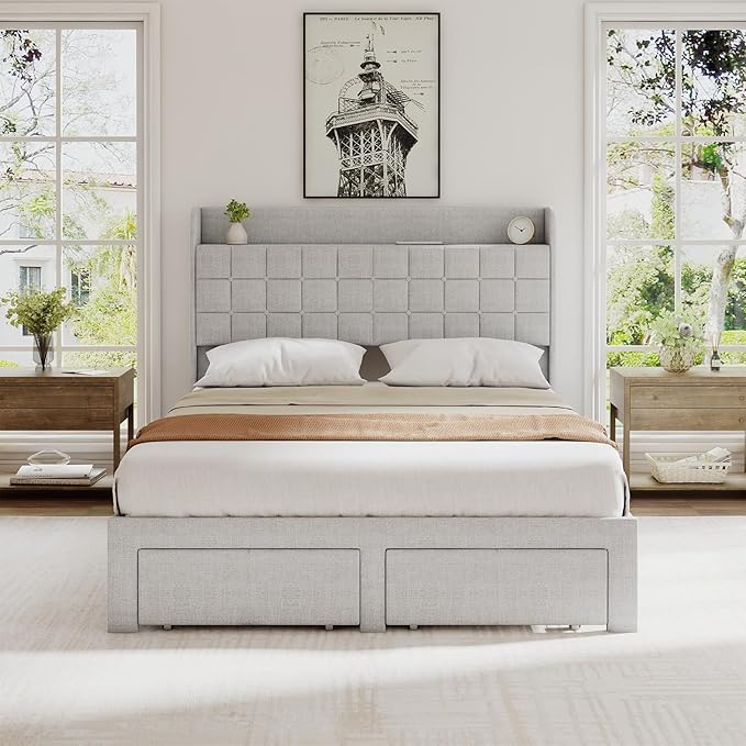 DUMOS Full Size Upholstered Platform Bed Frame, Full Bed with Storage Drawers and Fabric Headboard, Wooden Slats Support, 882 lbs Weight Capacity, No Box Spring Needed, Easy Assembly, Beige
