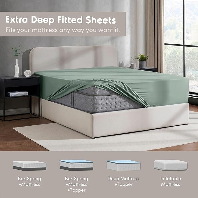 Nestl 4 Pack Sage Green Fitted Sheet Extra Deep Pocket, Hotel Luxury TwinFitted Sheet Only Easily Fits 18 to 24 Inch Mattress, Super Soft, Wrinkle-Free and Breathable with Corner Straps