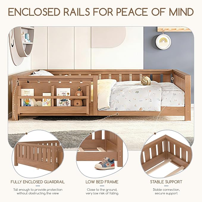 Bellemave Full Size Floor Bed Frame with Fence & Bookshelf, Solid Pinewood Montessori Floor Bed Full with Slats Load 450LBS, Low Profile Floor Bed for Kids, Bedroom, Nursery, Easy Assembly, Oak Brown