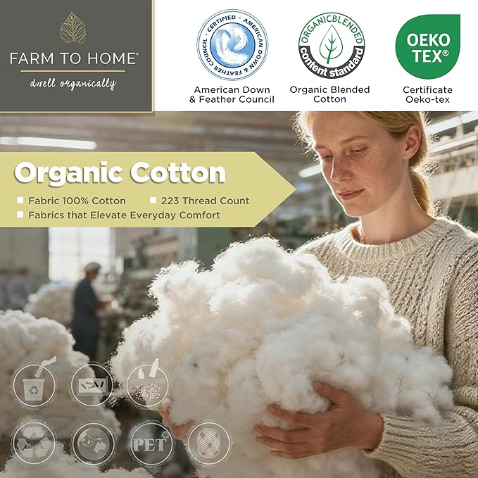 Farm to Home Feather and Down Pillows, 100% Organic Cotton Cover Pillows, Luxury Hotel Collection Bed Pillows for Sleeping, 20" x 36" King Size Set of 2