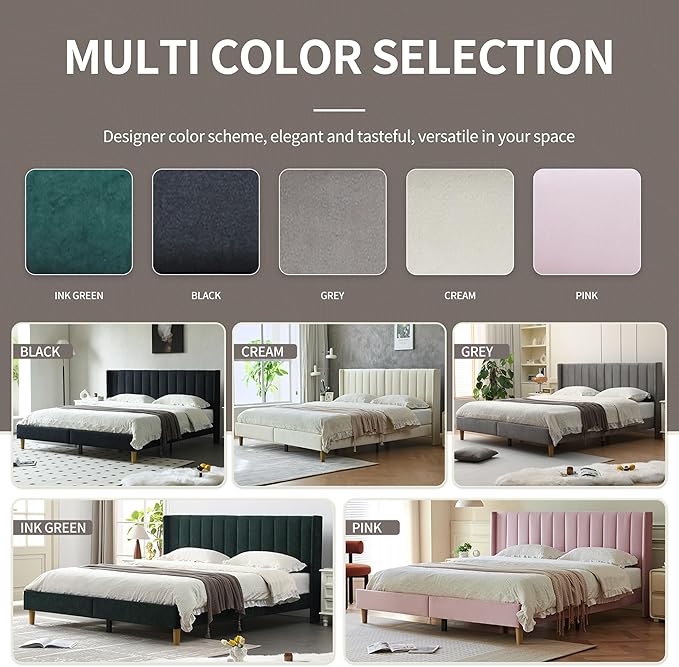 YUHUASHI upholstered Platform Bed Frame/King Bed Frame/Modern Geometric Double-Wing Design headboard/Linen Fabric/Easy to Assemble no Noise (Black, King (U.S. Standard))