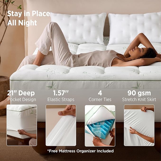 Bedsure Dual-Layer 5 Inch Twin Memory Foam Mattress Topper, 3 Inch Memory Foam + 2 Inch Viscose Made from Bamboo Mattress Topper Pad Cover, Flippable Memory Foam with Dual Comfort, White