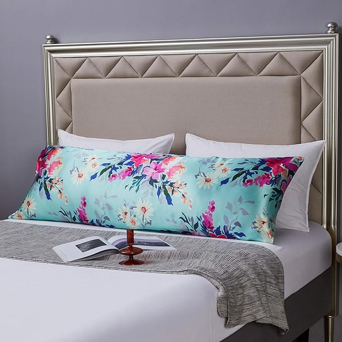 MR&HM Satin Body Pillow Cover, Soft and Breathable Body Pillow Case with Envelope Closure, Cooling and Silky Long Pillowcase for Hair and Skin,Grey (20x54, Vintage Floral)