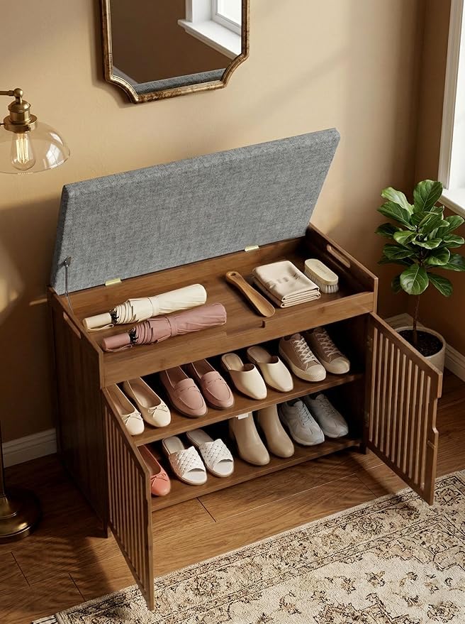 WISUCART Shoe Storage Bench with Cushion Seat, Bamboo Entryway Shoe Rack Bench, 2-Tier Shoe Organizer for Entryway, Bedroom, Hallway, Living Room, Holds Up to 330 lbs, Brown