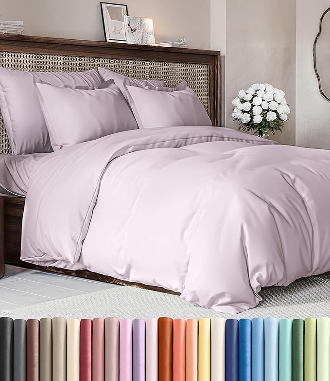 Duvet Cover Queen Size Set - Extra Soft Queen Size Duvet Cover 90 x 90 with 2 Pillow Shams - Hotel Luxury Easy Care and Fade Free w/Zipper Closures & Ties - Breathable Bedding Set (Light Lavender)