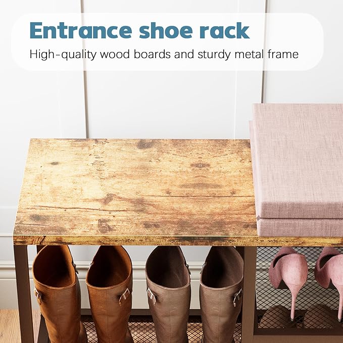Shoe Rack Bench for Entryway 3-Tier, Free Standing Shoe Racks with Seat Cushion, Narrow Shoe Storage Shelf with Boot Organizer, Shoe Rack for Small Spacesh with Wood Bench (Brown+Brown)