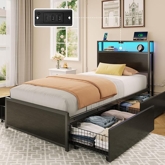 Rolanstar Twin Bed Frame with 4 Storage Drawers & 2-Tier Storage Headboard, Metal Platform Bed Frame with Charging Station & LED Lights, Noise-Free, No Box Spring Needed, Easy Assembly, Black Oak