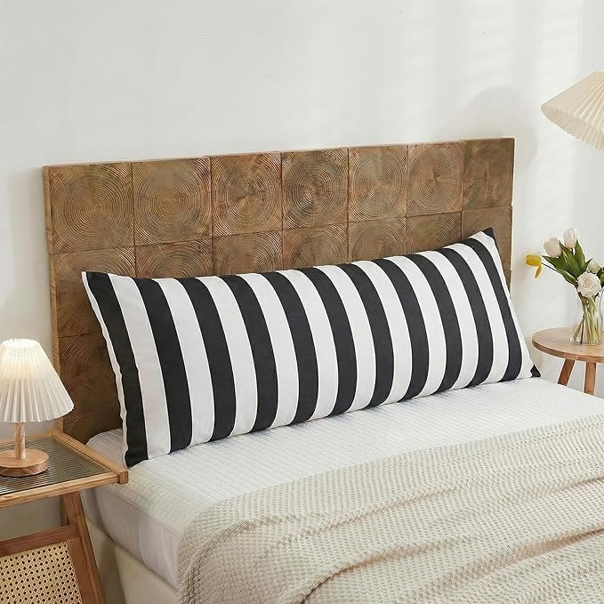 Merryword Body Pillow Cover 20x54inches, 100% Cotton Pillow Case, Black and White Striped Pillowcase, Luxury Linen Like Pillowcase, Soft Breathable Wide Stripes Long Pillowcase, 1-Piece