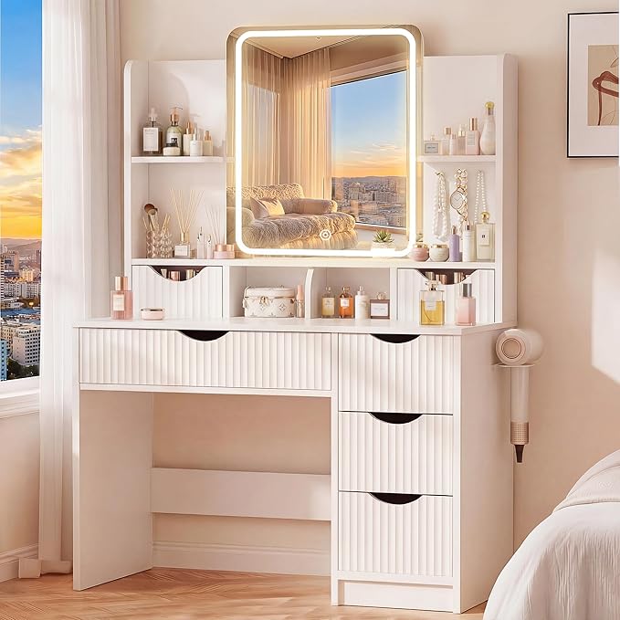 Vanity Desk with Mirror and Lights, Makeup Vanity Table with Large 6 Drawers Modern Fluted Wooden Dressing Table with Jewelry Hook 3 Color Modes Adjustable LED Mirror for Women Girls Bedroom or Dorm