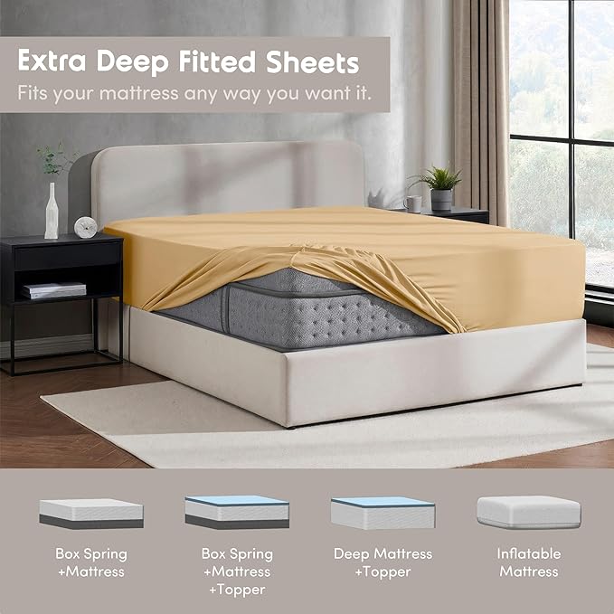 Nestl Camel Gold Extra Deep Pocket King Fitted Sheet Only, Hotel Luxury King Size Fitted Sheets Easily Fits 18 to 24 Inch Mattress, Super Soft, Wrinkle-Free, and Breathable Sheets with Corner Straps