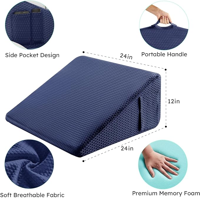 Bedluxe Wedge Pillow, 12 inch Bed Wedge Pillow for Headboard, Pillow Wedge for Acid Reflux Relief, Sleeping, After Surgery, Snoring, Gerd, Triangle Pillow Wedge - Cooling Memory Foam Top, Navy