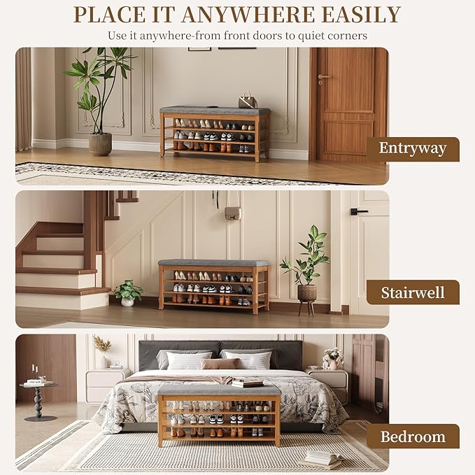 SolidWood Entryway Shoe Storage Bench, Flip-Top Soft-Close Lid, Adjustable Shelves, Cushioned Entryway Shoe Rack Organizer,Hallway, Closet, Foyer 39.4''