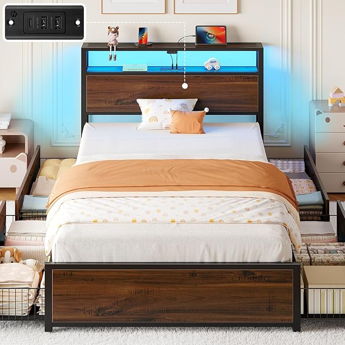 Rolanstar Twin Bed Frame with 4 Storage Drawers, Charging Station and LED Lights, Metal Platform Bed with 2-Tier Storage Headboard, No Box Spring Needed, Easy Assembly, Noise-Free, Walnut