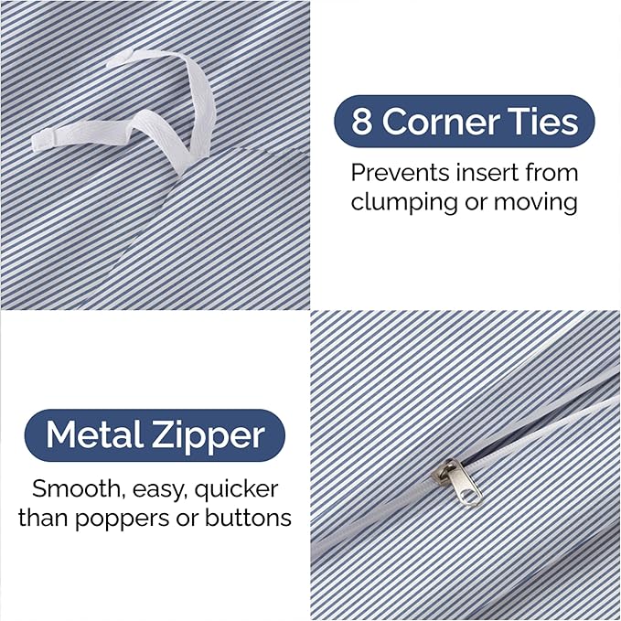 Duvet Cover Full Size Set - Extra Soft Full Duvet Cover 80" x 90" with 2 Pillow Shams - Hotel Luxury, Easy Care & Fade Free with Zipper Closures & Ties - All Season, Comfy & Breathable (Blue Stripes)