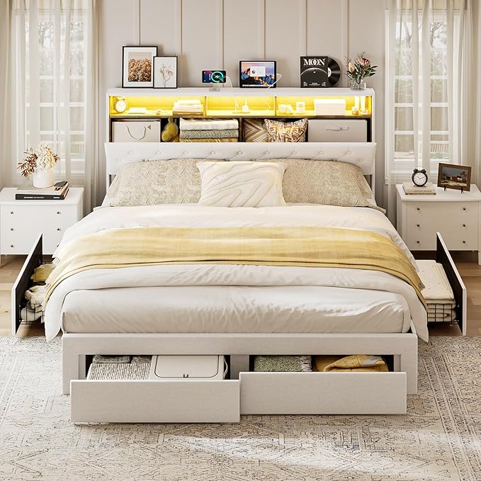 California King Bed Frames with 4 Drawers, Hidden Storage Headboard with LED Lights and Charging Station, Upholstered Cal King Platform Bed, Noise Free, No Box Spring Needed, White