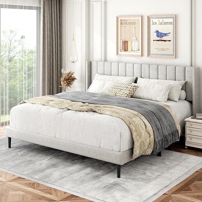 Gruwans King Size Bed Frame with Upholstered Wingback Headboard, Easy Assemnly Platform Bed, Wooden Slat Support No Box Spring Needed, Sand