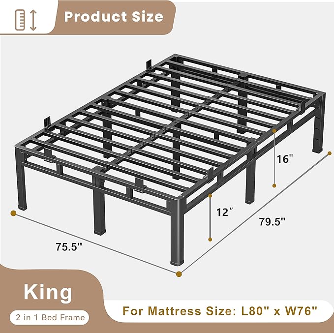 ROIL 16 Inch King Bed Frame, Double Layer Metal Bed Frame with Round Corner Legs, 4000LBS Bed Frame & Box Spring 2 in 1 Platform with Headboard Holes Mattress Baffles, Noise-Free Easy Assembly
