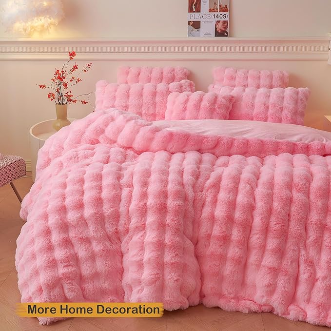 LIFEREVO Fluffy Faux Rabbit Fur Body Pillow Cover, Soft Cute Bubble Waffle Shaggy Plush Bed Body Pillowcase with Zipper Closure, Long 20"x54" Fuzzy Furry Pillow Case for Pregnancy Side Sleeper, Pink