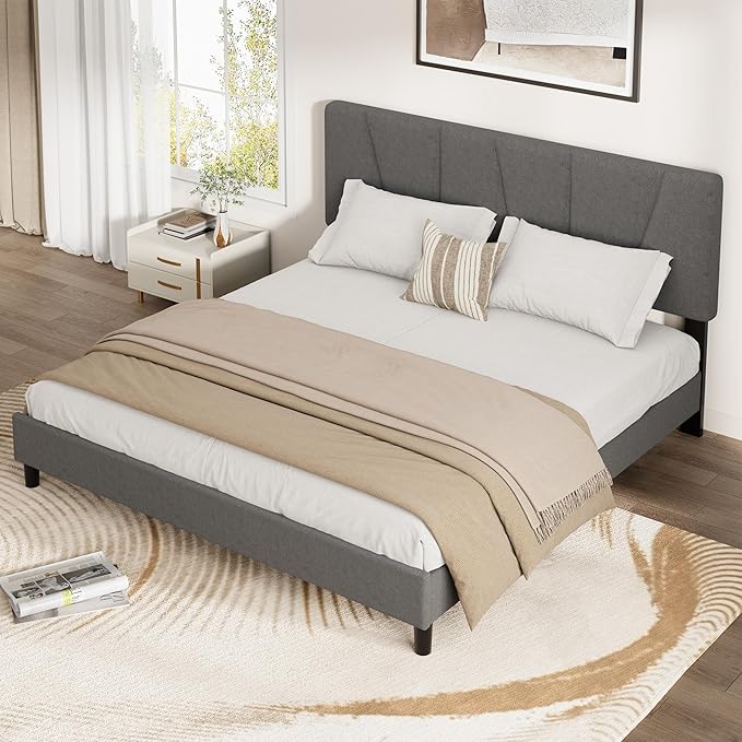 IDEALHOUSE Queen Size Upholstered Bed Frame with Headboard, Heavy Duty Platform Bed Frame, Adjustable Headboard, Noise-Free, No Box Spring Needed, Easy Assembly