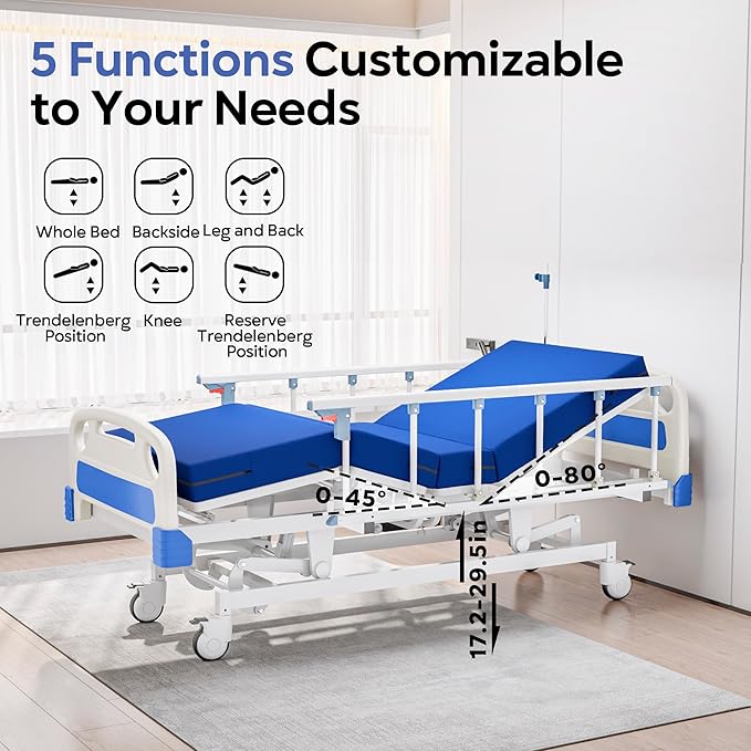 Premium Full Electric Hospital Bed for Home Use, 5 Function Medical Bed with 4.7” Foam Mattress, Height Adjustable, Individual Locking, Includes Tray and Sheets (2X)