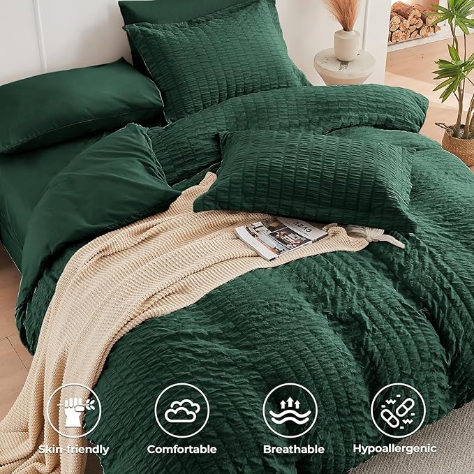 HYMOKEGE Emerald Green King Size Comforter Set Seersucker 7 Pieces, All Season Luxury Bed in a Bag for Bedroom, Bedding Set with Comforter, Sheets, Pillowcases & Shams