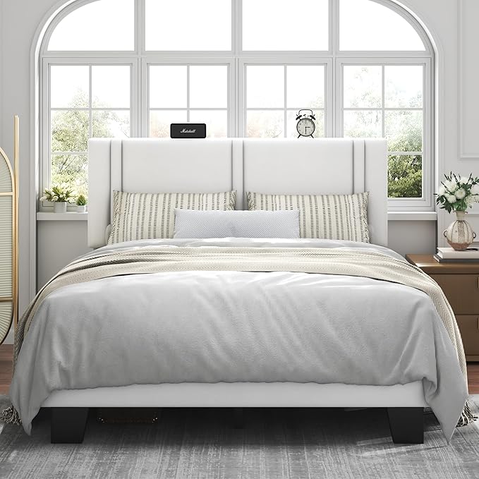 Feonase Queen Platform Bed Frame, Velvet Upholstered Queen Bed Frame, Solid Wood Slats & Heavy Duty Feet Support, No Box Spring Needed, Noise-Free, Easy Assembly, White