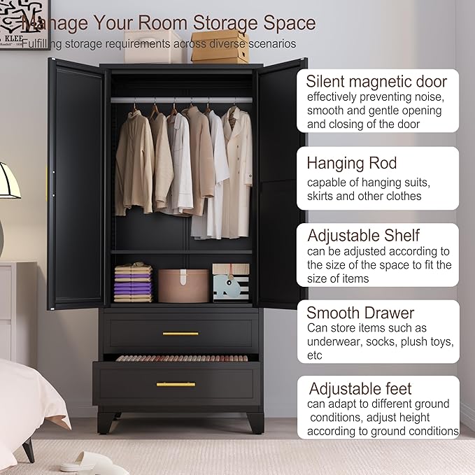 erosoei Metal Armoire Wardrobe Closet, 71 "Metal Clothing Storage Cabinet with Mirror and Adjustable Shelves, Household Steel Wardrobe Storage Cabinet with 2 Drawers and Hanging Rod(Armoire-Black)