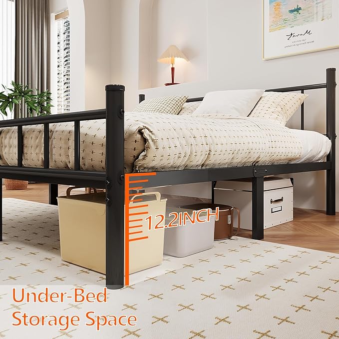 zizin Queen Size Metal Bed Frame with Headboard & Footboard 14 Inch Metal Platform Mattress Foundation Support with Steel Slat, Under Bed Storage, No Box Spring Needed