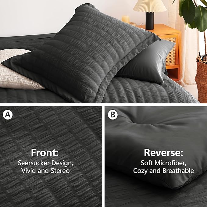 CozyLux Twin Comforter Set with Sheets 5 Pieces, Dark Grey Seersucker Textured Bed in a Bag, Dark Gray Luxury Soft Bedding Sets with Down Alternative Comforter, Sheets, Pillowcase & Sham All Seasons