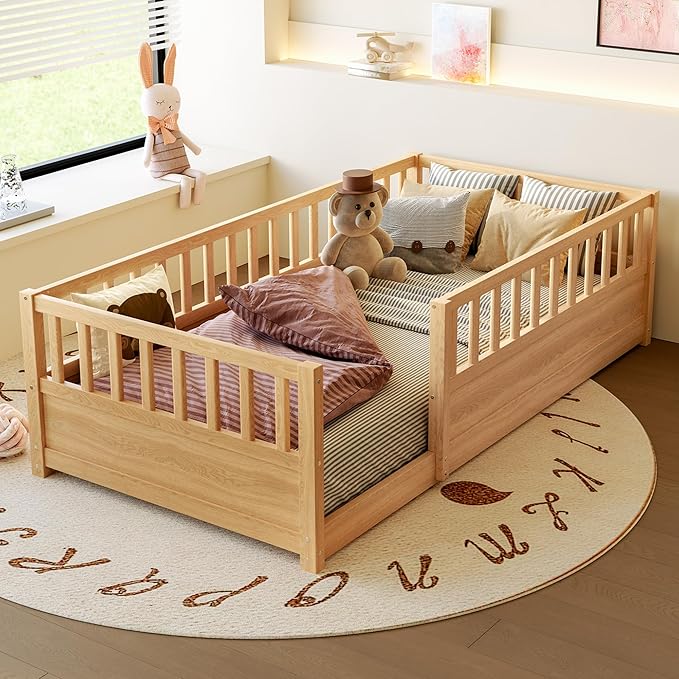 Bellemave Twin Size Floor Bed with High Fence, Wood Montessori Bed with Slats and Guardrails, Montessori Floor Beds Frame for Kids, Girls, Boys, Natural