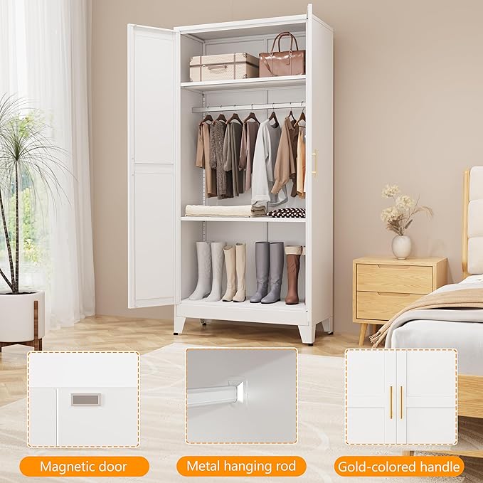 Metal Armoire Wardrobe Closet with Hanging Rod, Clothing Storage Cabinet with Adjustable Shelves for Laundry Room, Bedroom, Home Office, Bathroom, 71" White