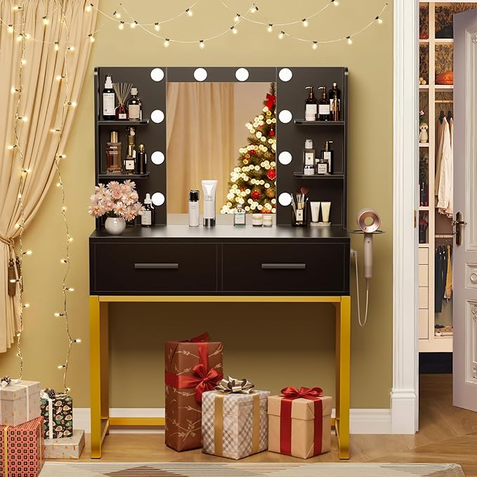 YESHOMY Vanity Desk with Mirror, Makeup Table with 2 Large Drawers, Power Outlet and Round Holder, 3 Color Modes Adjustable Bulb, Black & Gold Frame