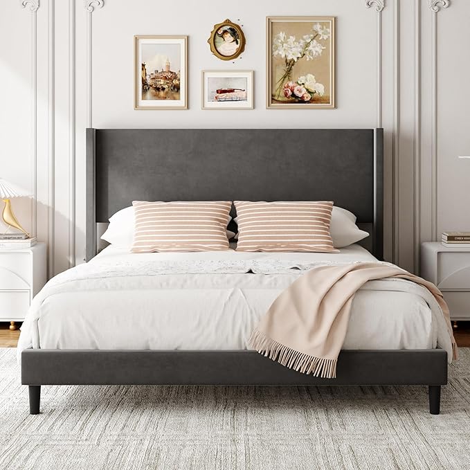 Sismplly Full Bed Frame with Wingback Headboard, Velvet Upholstered Platform Bed with Wooden Slats, 6.46“ Under Bed Storage, Metal Support, Noise Free, No Box Spring Needed, Gray