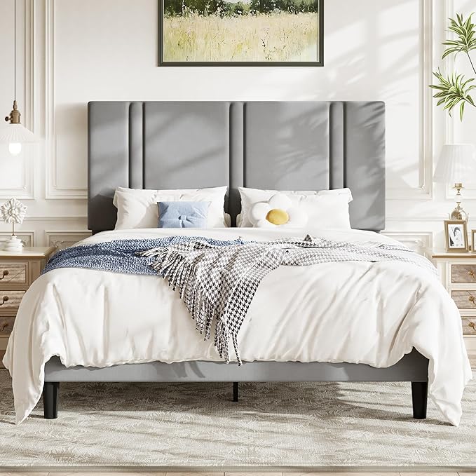 Allewie Queen Platform Bed Frame with Adjustable Headboard, Plush Velvet Upholstered, Vertical Channel Tufted, Sturdy Wooden Slats, No Box Spring Needed, Easy Assembly, Grey