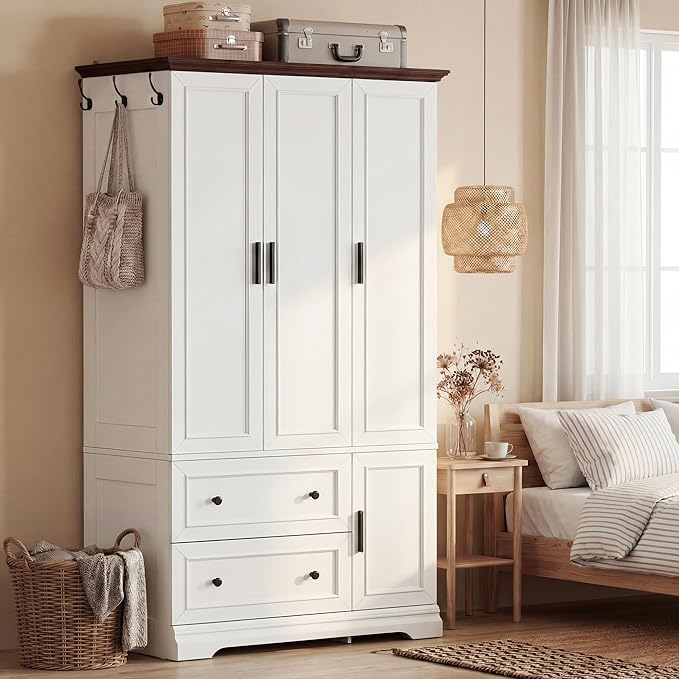 YESHOMY Armoire Wardrobe Closet with Drawers, 70.9" H x 21.1" D Wooden Closet with Hanging Rod, Fixed Shelves & Bottom Cabinet, Soft-Close Doors, Ball-Bearing Slides (White)