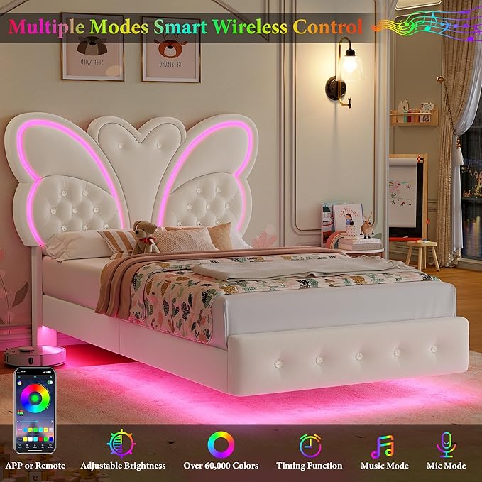 Keyluv Twin Bed Frame Butterfly-Pattern Upholstered Headboard, Modern Floating Bed with LED Lights Button Tufted on Headboard and Footboard, Slats Support No Box Spring Needed, Noise-Free, Beige