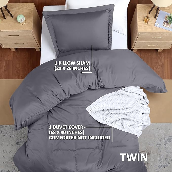 Utopia Bedding Duvet Cover Twin Size - 2 Piece with Zipper Closure - 1 Comforter Cover 68X90 Inches & 1 Pillow Sham 20X26 Inches (Grey) Comforter Not Included