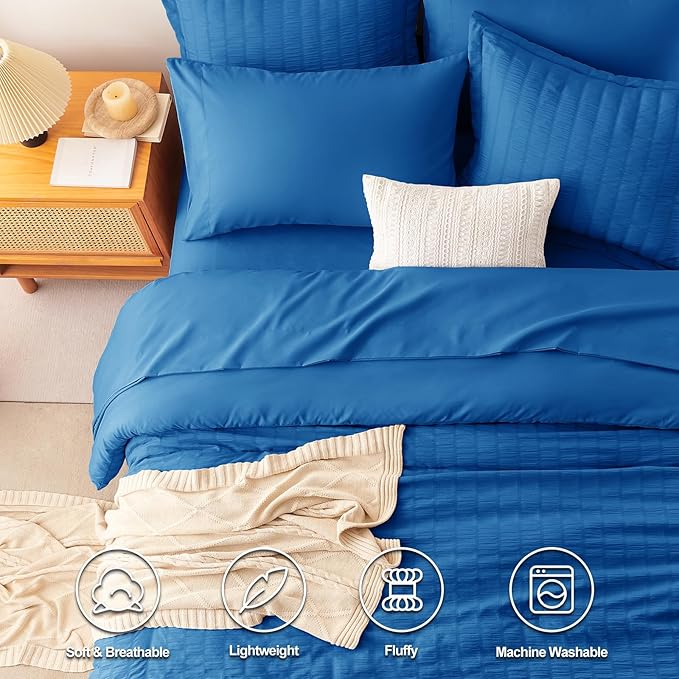 CozyLux Full Size Comforter Sets with Sheets 7 Pieces, Classic Blue Seersucker Bed in a Bag Textured Luxury Soft Bedding Set with Down Alternative Comforter, Sheets, Pillowcases & Shams for All Season