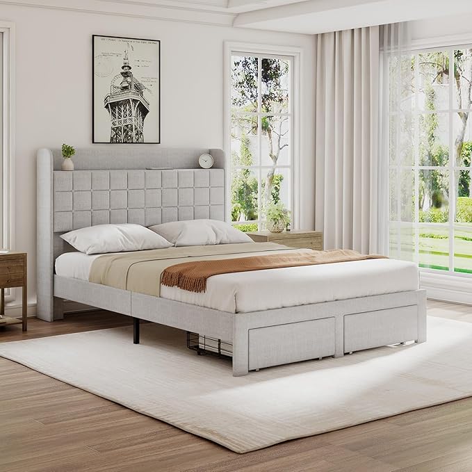 DUMOS Full Size Upholstered Platform Bed Frame, Full Bed with Storage Drawers and Fabric Headboard, Wooden Slats Support, 882 lbs Weight Capacity, No Box Spring Needed, Easy Assembly, Beige