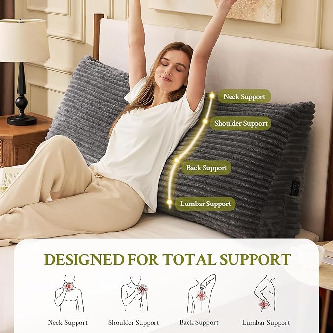 Headboard Pillow King, Headboard Wedge Pillow, Back Rest Pillows for Sitting, Reading, Working, Triangle Pillow with Removable Cover, Daybed Pillows for Bed Dorm Sofa, Dark Grey