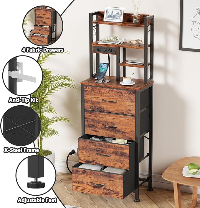 Furnulem Night Stand Set 2, LED Nightstand with Charging Station, 4 Fabric Drawers and 4 Tier Storage Shelf, Bedside End Table for Bedroom, Dorm, Office, Rustic Brown