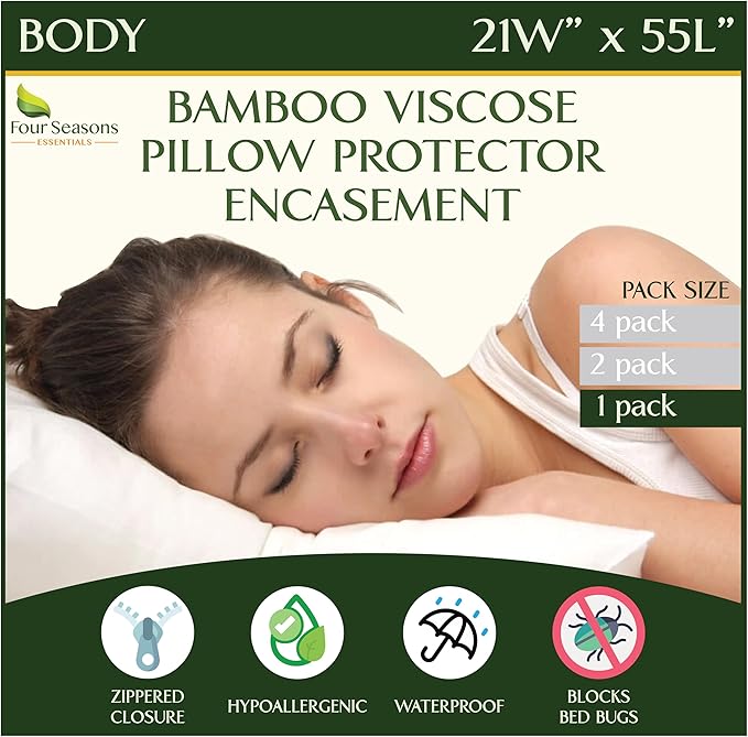 Four Seasons Essentials Body Size Waterproof Pillow Protector (Set of 1) - Natural Viscose derived from Bamboo Pillow Covers - Hypoallergenic Dust Proof Zippered Encasements for 20" x 54" Pillows
