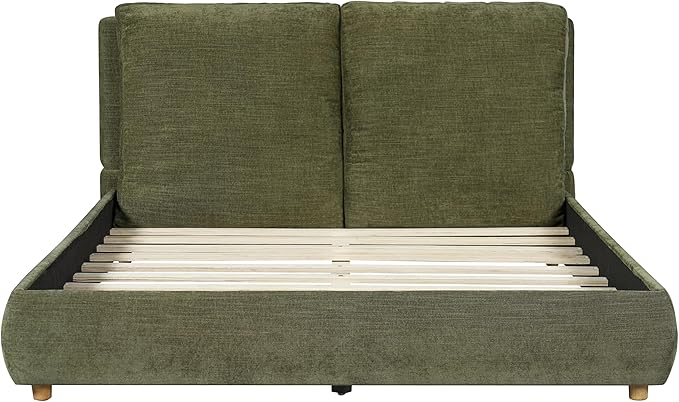 Merax Queen Size Boucle Fabric Upholstered Platform Bed with Two Removable Pillow Headboard, Wood Bed Frame with Solid Round Legs for Kids Teens Adults, Olive Green