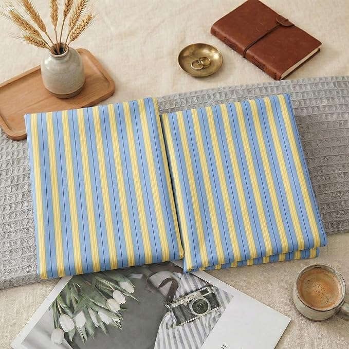 Merryword Blue & Yellow Striped Pillowcases, 100% Cotton Pillow Cases, Queen Size Pillowcases, Luxury Linen Like Pillowcase, Soft Breathable Ribbon Stripe Pillow Covers, Set of 2
