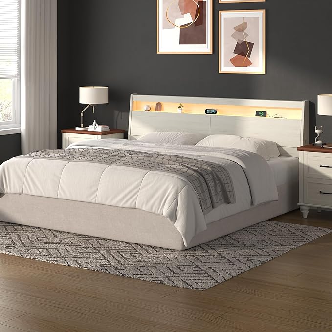 Wooden Headboard Only with Storage, Skirting Groove for Enhanced Stability, Built-in Power Outlet, 2 USB Ports & LED Light - Solid Wood Leg Sturdy Stable Bed Backboard (Ivory White, Queen)