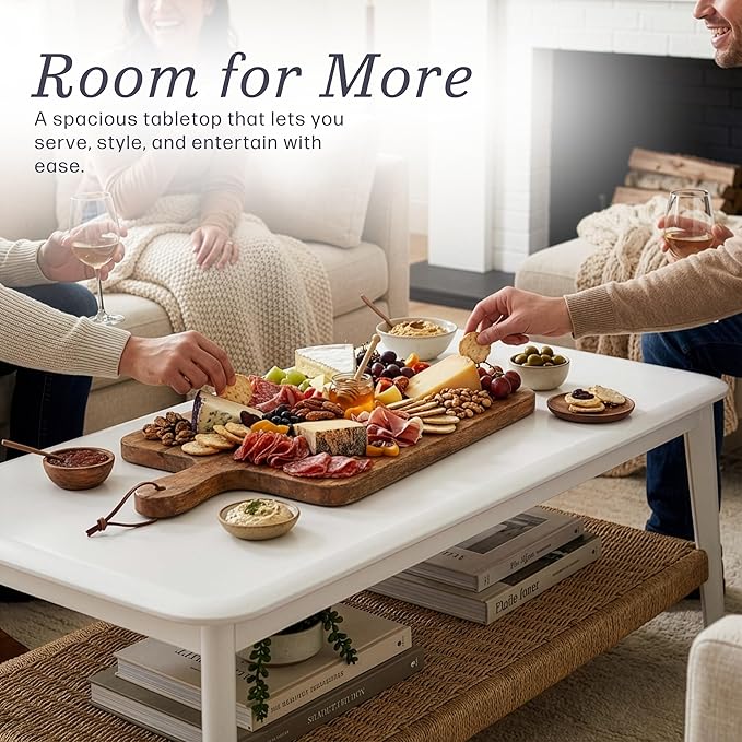 Alaterre Furniture Calais 48 Inch Rectangular Wood Coffee Table with Woven Storage Shelf – Mid Century Modern 2-Tier Living Room Table (White)