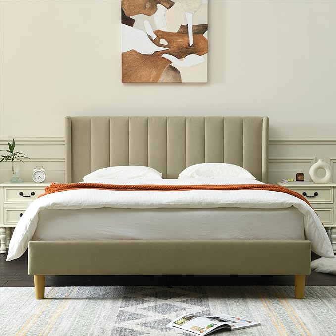 YUHUASHI upholstered Platform Bed Frame/Queen Bed Frame/Modern Geometric Double-Wing Design headboard/Linen Fabric/Easy to Assemble no Noise (Beige, Queen (U.S. Standard))