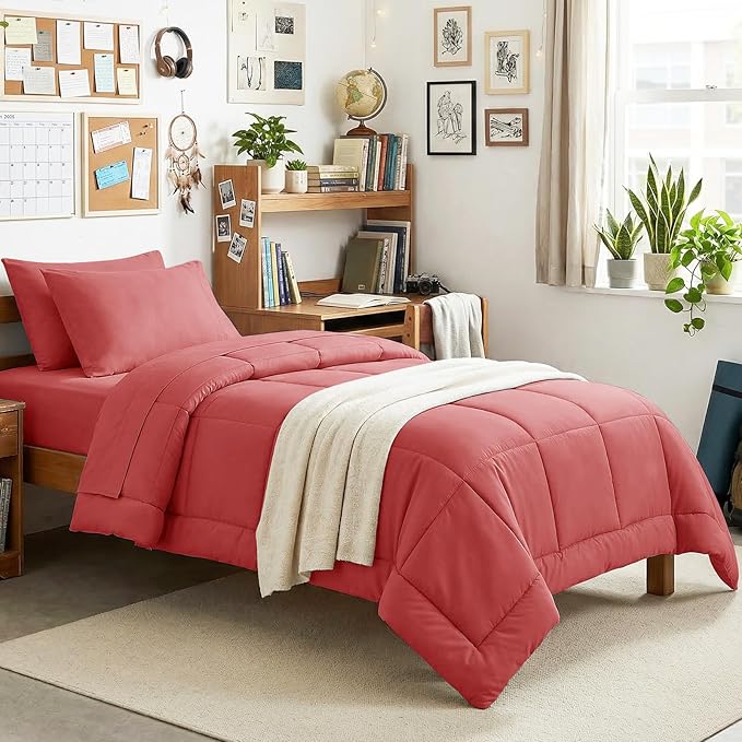 CozyLux Twin XL Comforter Set Coral, 5 Pieces Twin Extra Long Bed in a Bag for College Dorm, All Season Bedding Set with Stitch Quilted Comforter, Flat Sheet, Fitted Sheet, Pillowcases