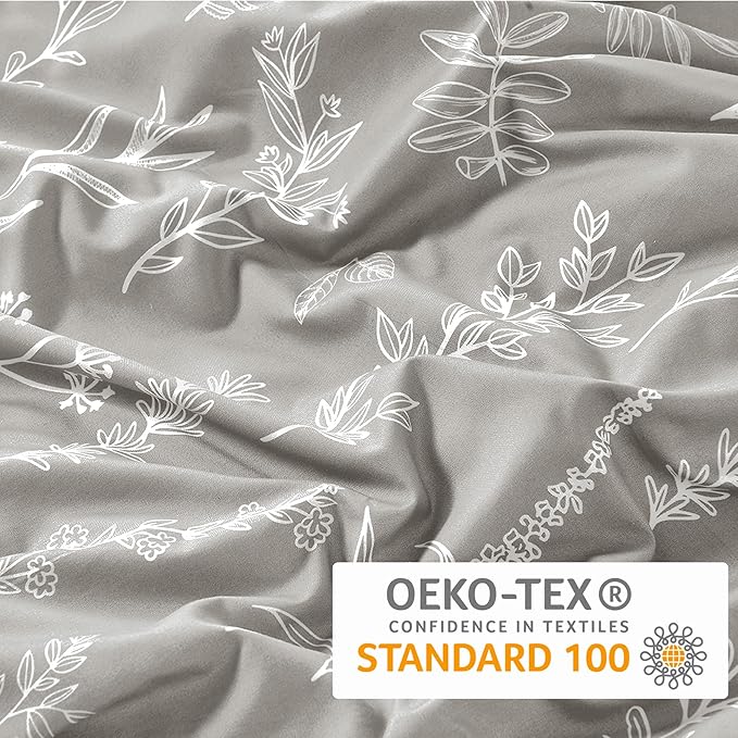 MUXHOMO Duvet Cover Queen Size, Reversible Floral Silver Gray Duvet Cover Set with Zipper Closure, 3 Pieces Botanical Patterns Soft Microfiber Bedding Set with 4 Ties (90"x90", 2 Pillow Cases)