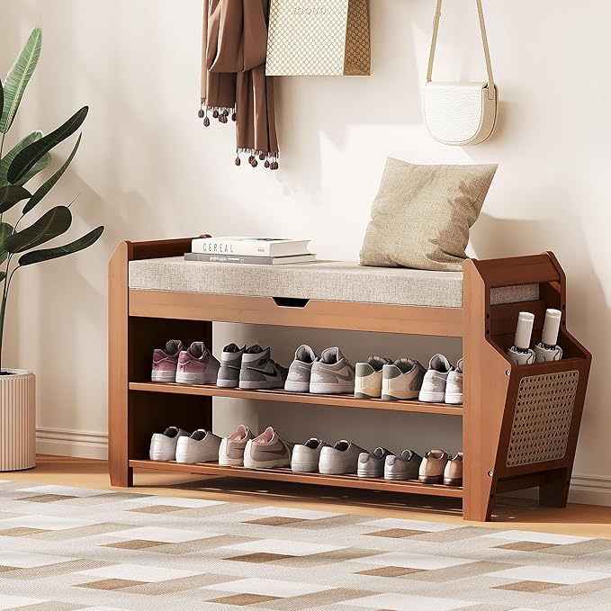 PETKABOO 31.5" Bamboo Shoe Rack Bench with Storage, 3-Tier Entryway Bench with Thick Cushion, Flip-Top & Side Baskets, Holds Up to 550 LBS for Hallway, Living Room, Bedroom